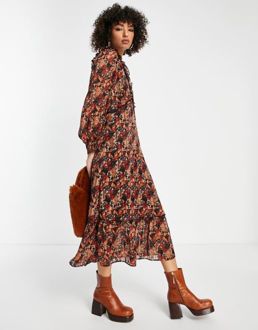 Topshop - Midi-jurk met herfstbloemen en gestrikte voorkant in multi