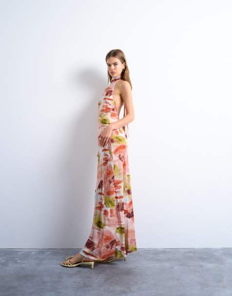 Topshop - Midi-jurk met hoge hals en halternek in opvallende abstracte bloemenprint - view 1