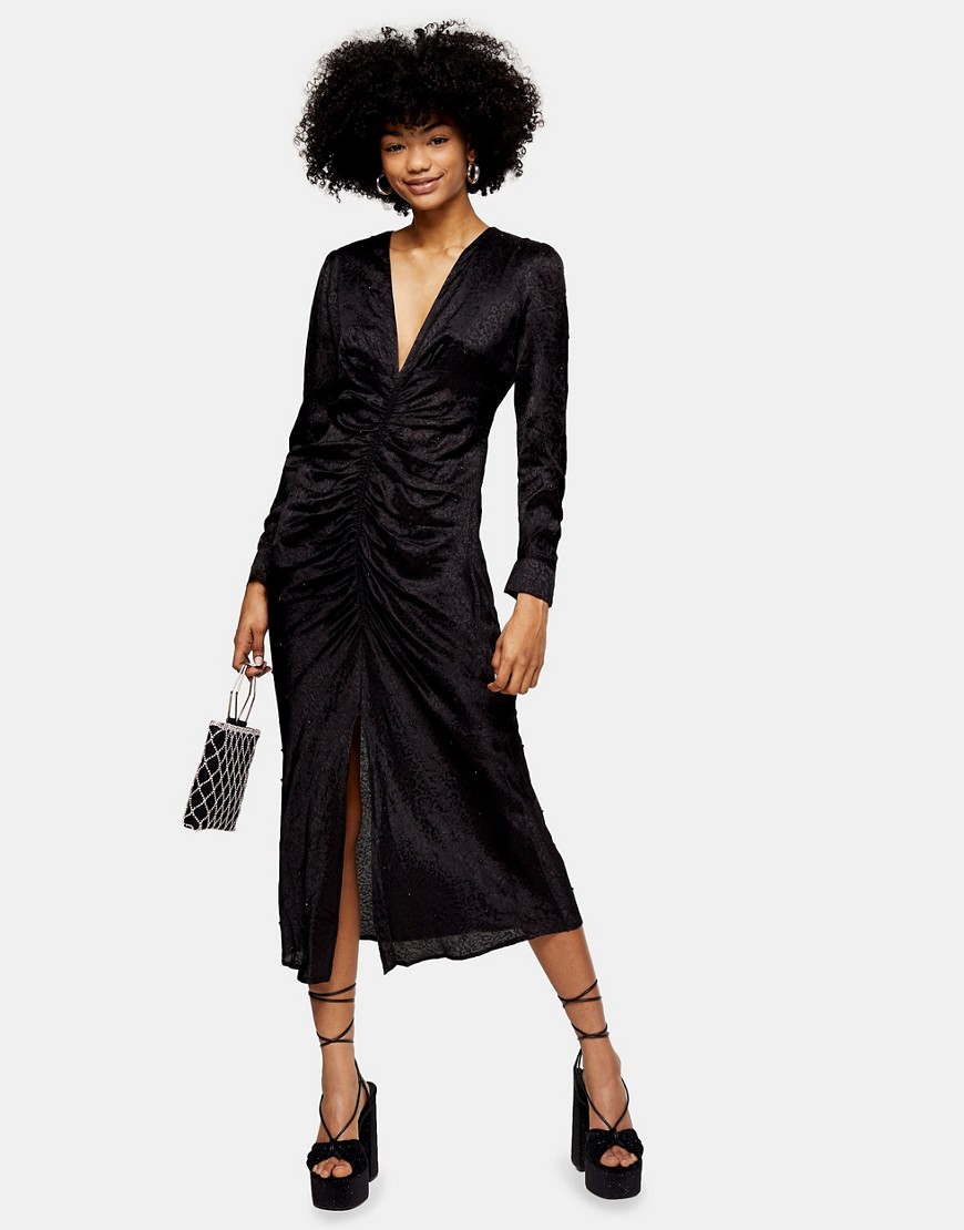 Topshop - Midi jurk met jacquard versiering in zwart