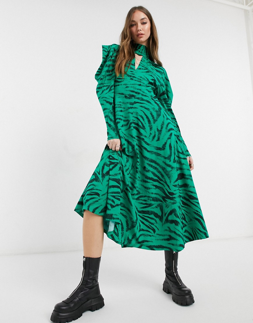 Topshop - Midi-jurk met keyhole-opening en zebraprint in groen
