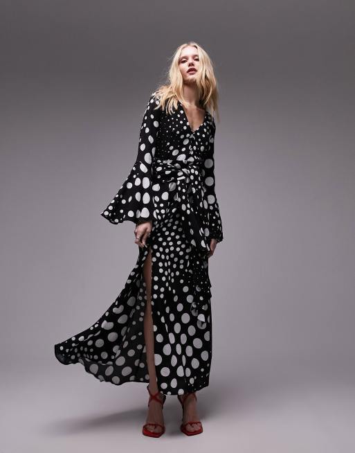 Topshop - Midi-jurk met knopen, V-hals, gestrikte voorkant en stippenprint