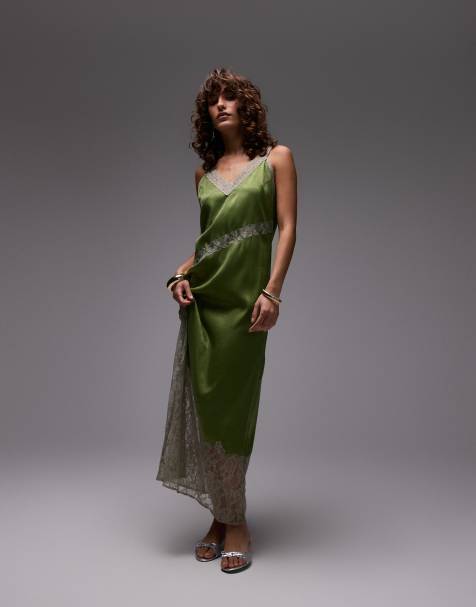 Topshop - Midi jurk met opengewerkte kanten inzetstukken in groen - view 1