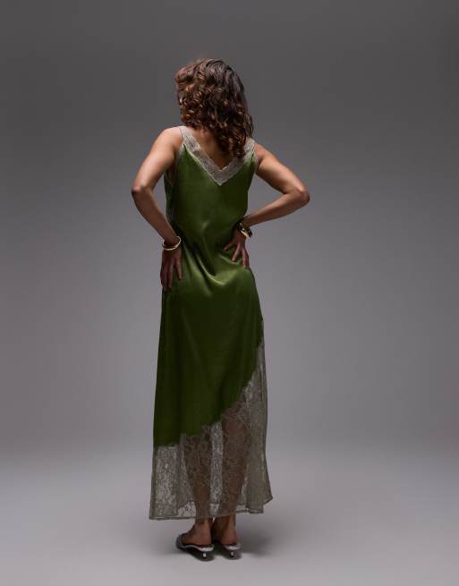 Topshop Midi jurk met opengewerkte kanten inzetstukken in groen