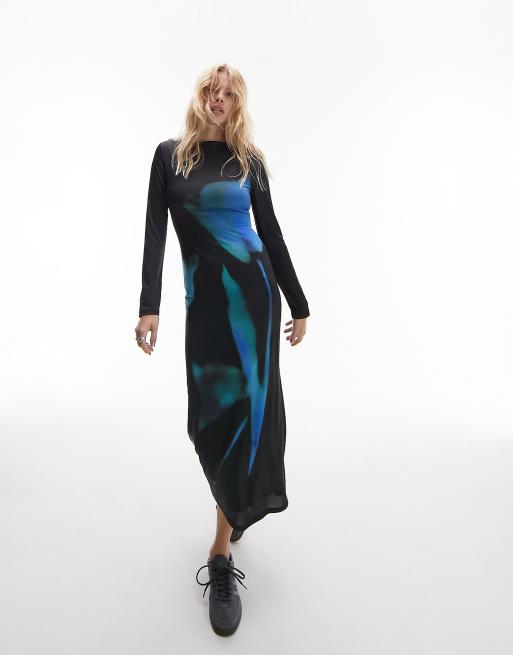 Topshop - Midi jurk met opvallende plaatselijke bloemenprint in blauw en zwart