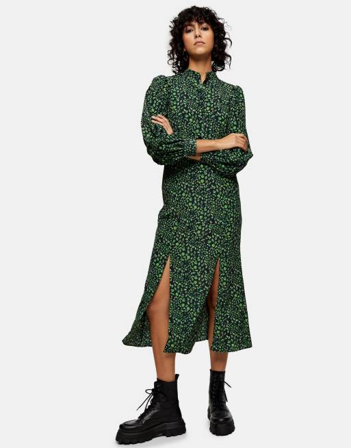 Topshop - Midi-jurk pauwenprint in groen ASOS