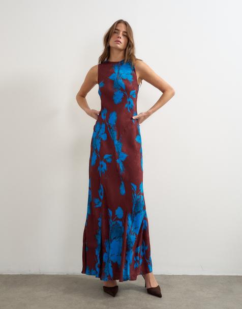 Topshop midi jurk met racerhals in donker bloemig jacquard - view 1