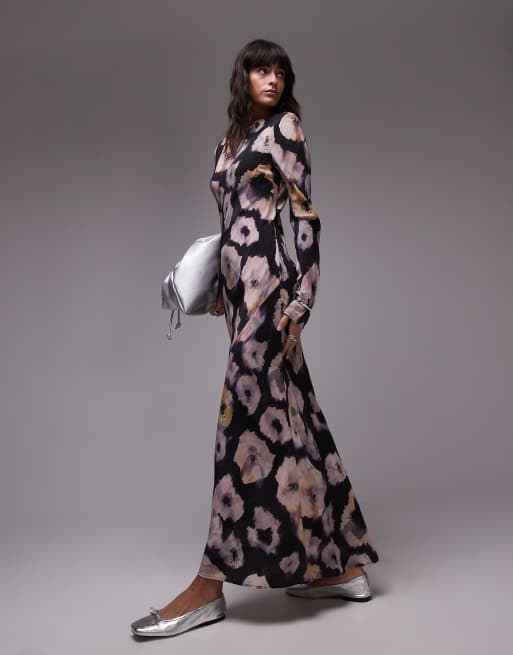 Topshop - Midi-jurk met rechte halslijn en bloemenprint in grijs en limoengroen