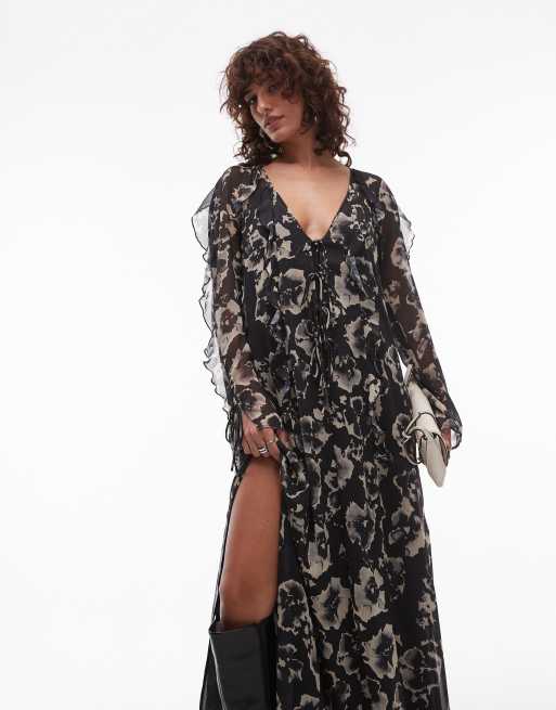 Topshop - Midi-jurk met ruches en lange mouwen in mono bloemenprint
