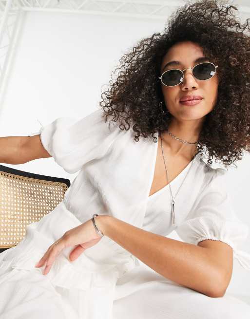 Topshop - Midi-jurk met ruches, textuur en overslag in ivoor, 3 van 4