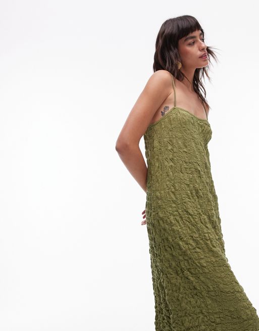Topshop - Midi jurk met textuur en gestrikte bandjes in kaki