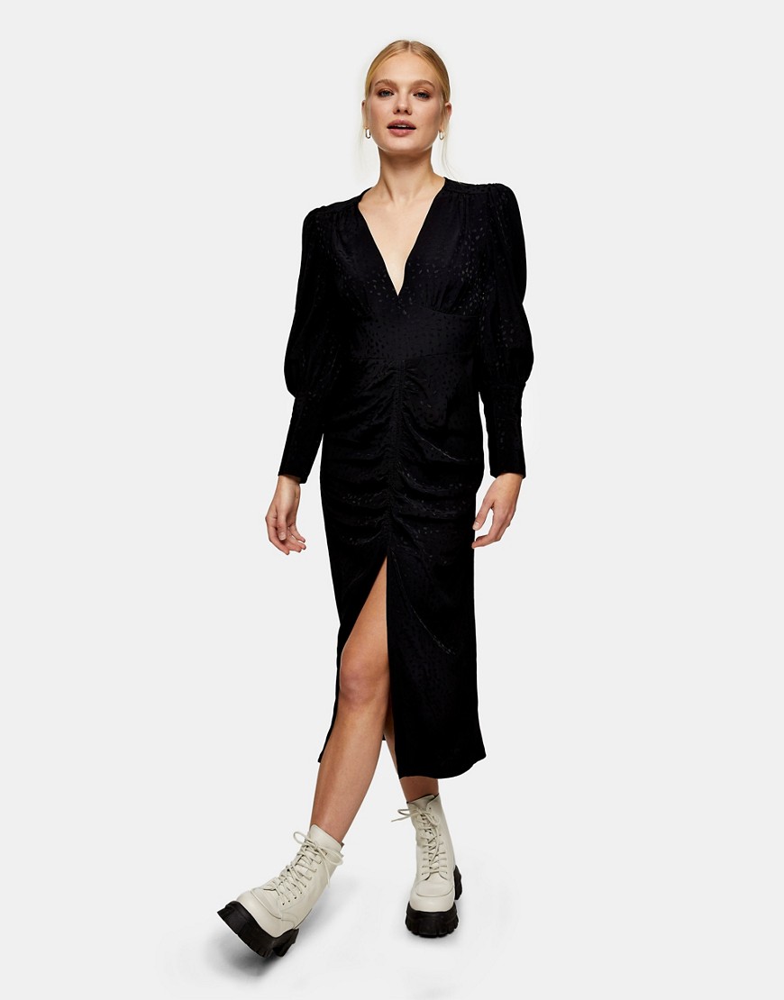 Topshop - Midi-jurk van jacquard met gerimpelde voorkant in zwart