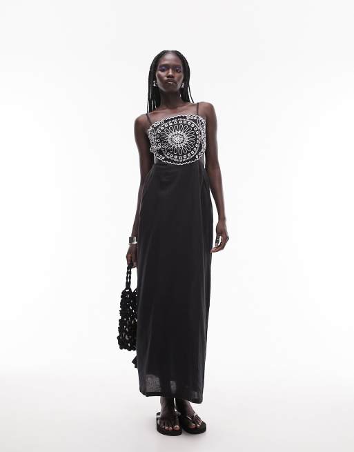 Topshop - Midi-jurk van linnen broderie in zwart