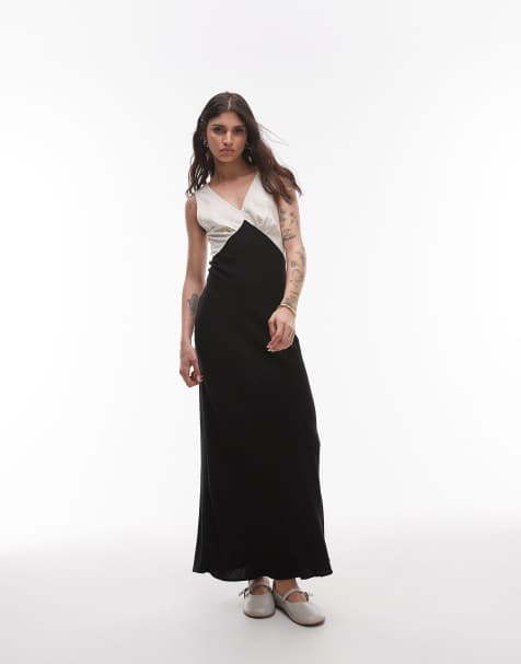 Topshop - Midi-jurk van linnen met contrast in zwart - view 1