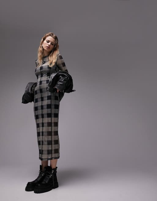 Topshop - Midi-jurk van mesh met vervaagde ruitprint en overlappende naden in grijs