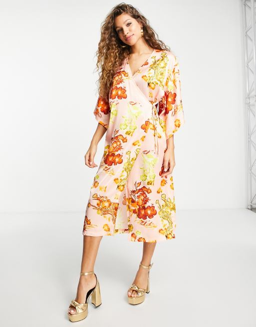 Topshop Midi Kimono Kleid mit Blumenmuster