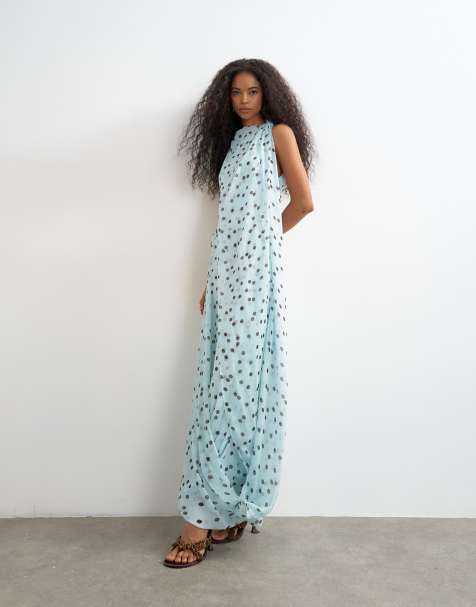 Topshop midi-kjole til særlige lejligheder i chiffon med draperet kant og blå og chokoladefarvet polkaprikket print - view 1