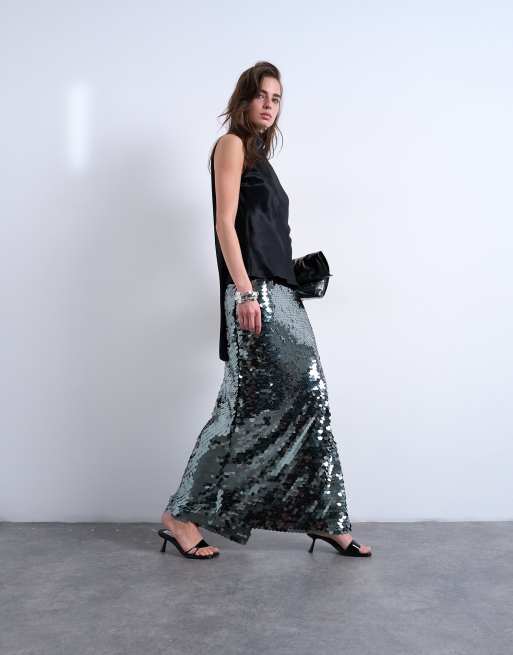 Topshop - Midi kokerrok met lovertjes in groen, 4 van 5