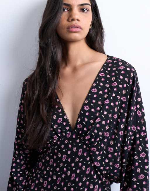 Topshop midi long sleeve tea dress in floral print, 3 of 4