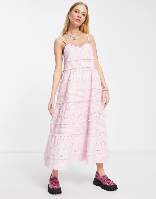 Topshop – Midi-Riemchenkleid in Flieder mit Knopfleiste, Lochstickerei und Biesen 