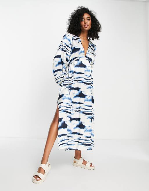 Topshop - Midi riviera jurk met horizontale tie-dye in blauw
