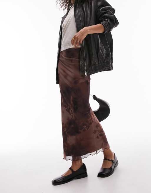 Topshop - Midi rok met bloemenprint en picotrand in donkerrood