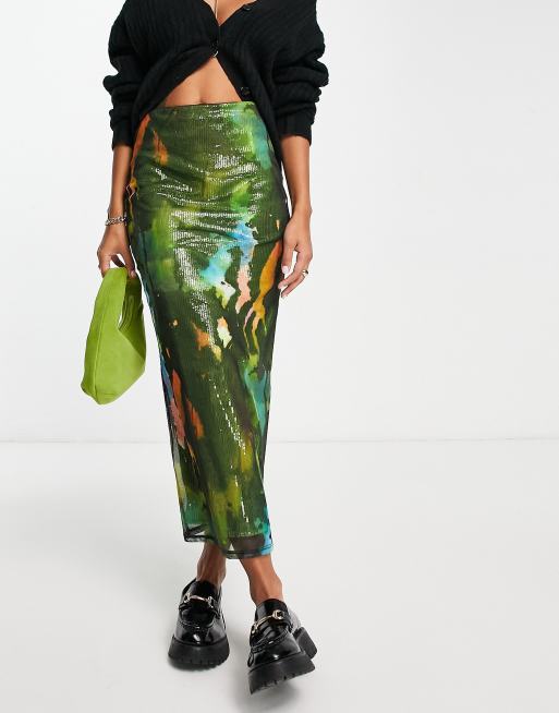 Topshop - Midi rok met mesh laag met lovertjes en print in multi