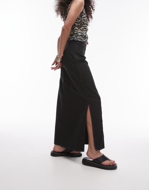 Topshop - Midi rok van keperstof met onafgewerkte rand en siersteek in zwart-wit