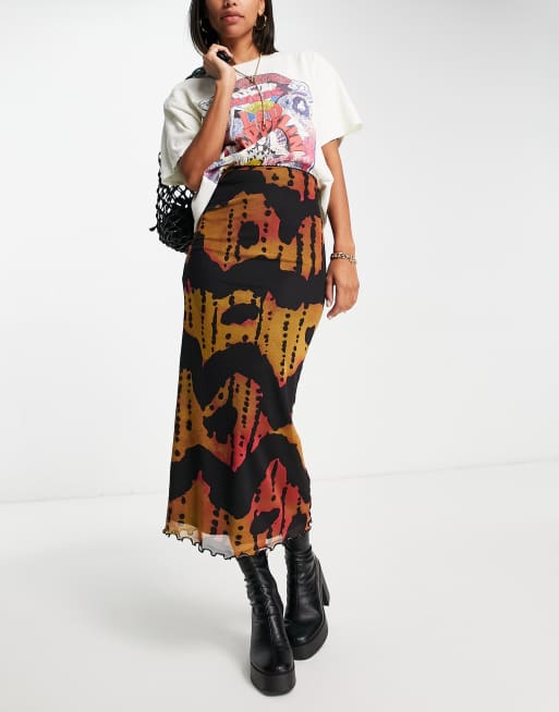 Topshop - Midi rok van mesh met abstracte print in chartreuse