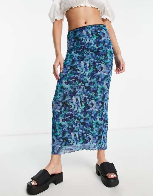 Topshop - Midi rok van mesh met bloemenprint in blauw