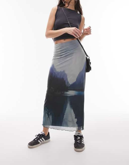 Topshop - Midi rok van mesh met landschapsprint in blauw 