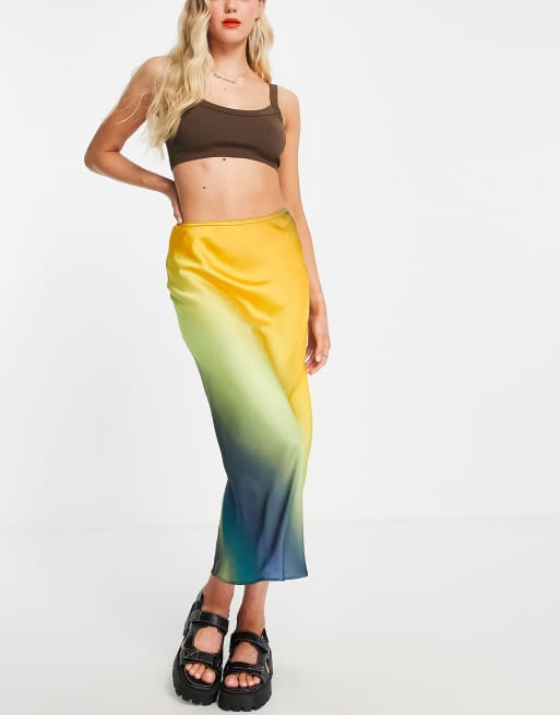 Topshop - Midi rok van satijn met schuin kleurverloop in multi 