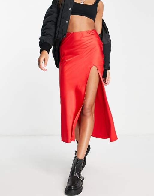 Red satin slip hot sale skirt