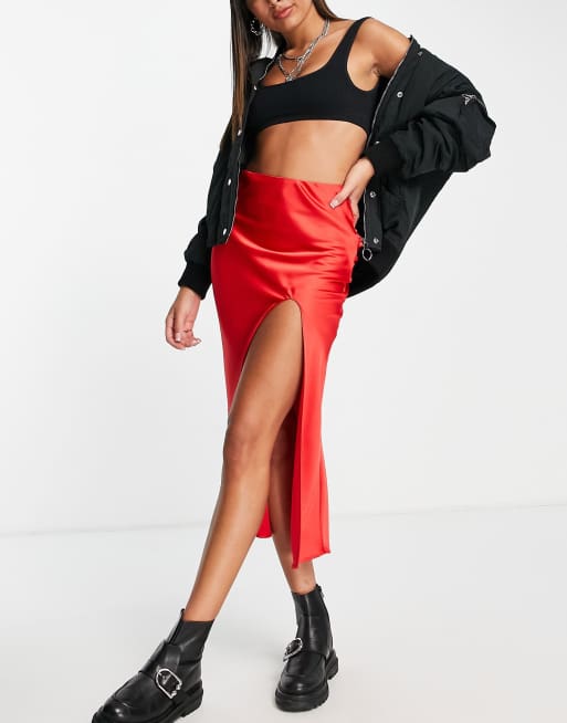 Topshop midi satin slip skirt in red