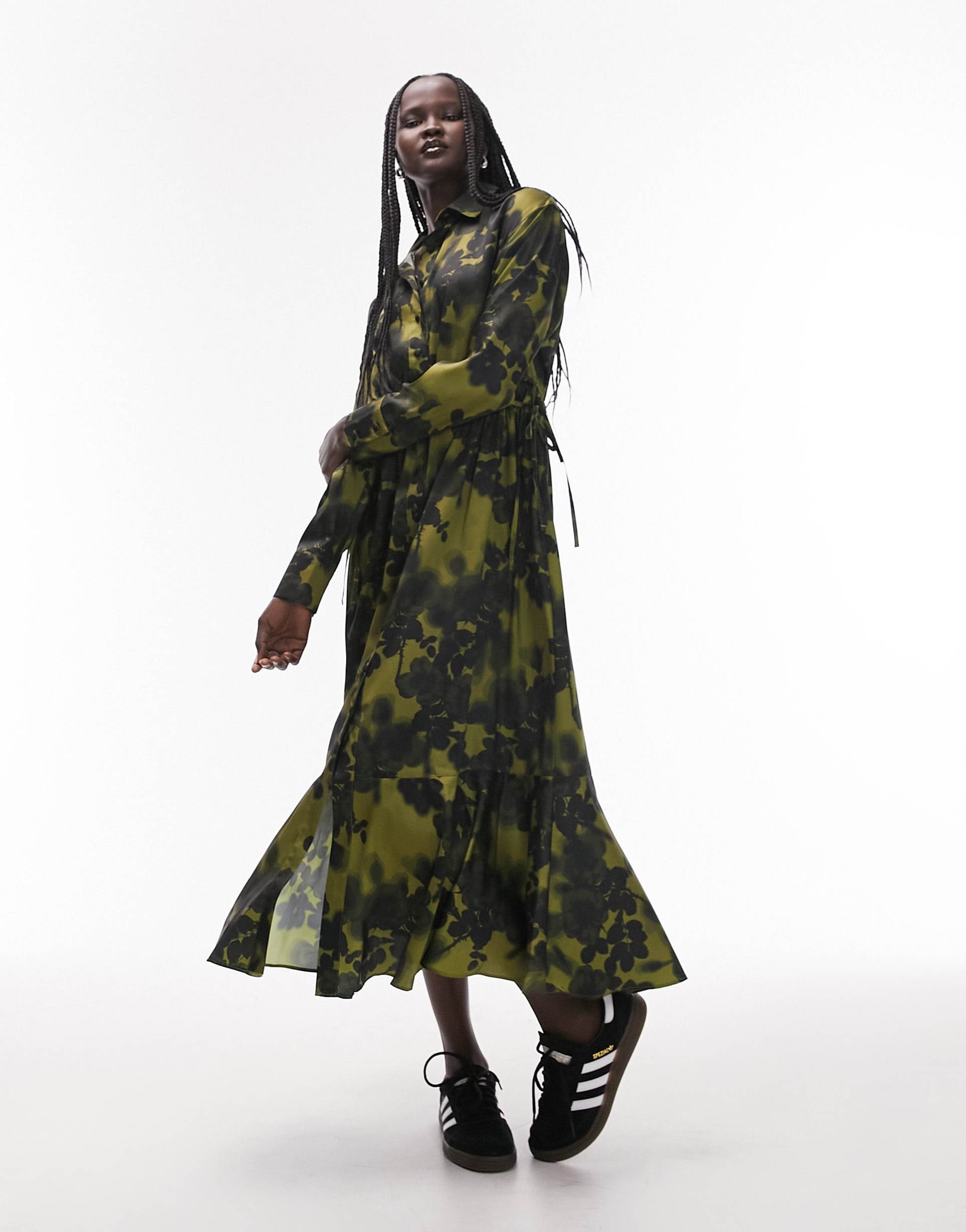 topshop midi shirt dress in green floral print