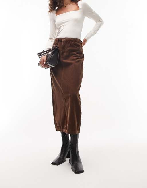 Topshop midi skirt in brown cord