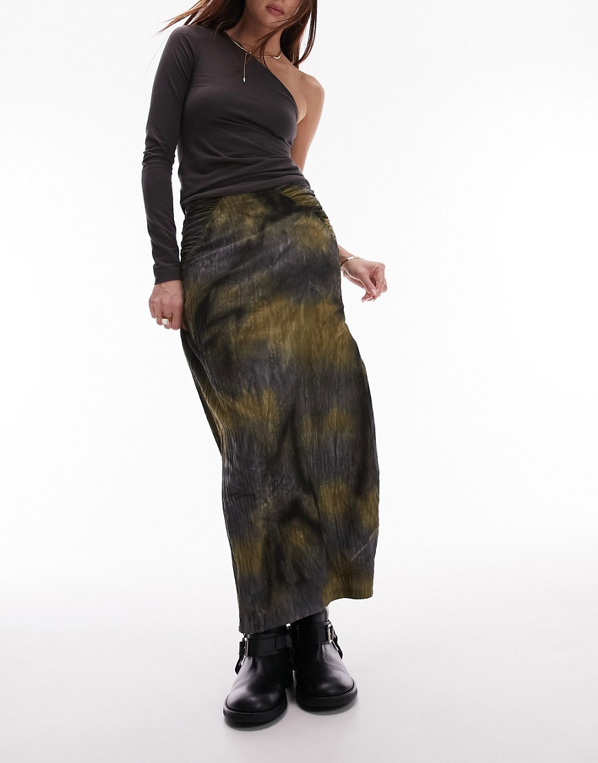 Topshop midi skirt in jersery textured with split front in blurred khaki print-Green