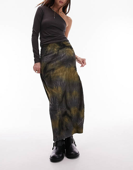 Topshop midi skirt in jersery textured with split front in blurred ...