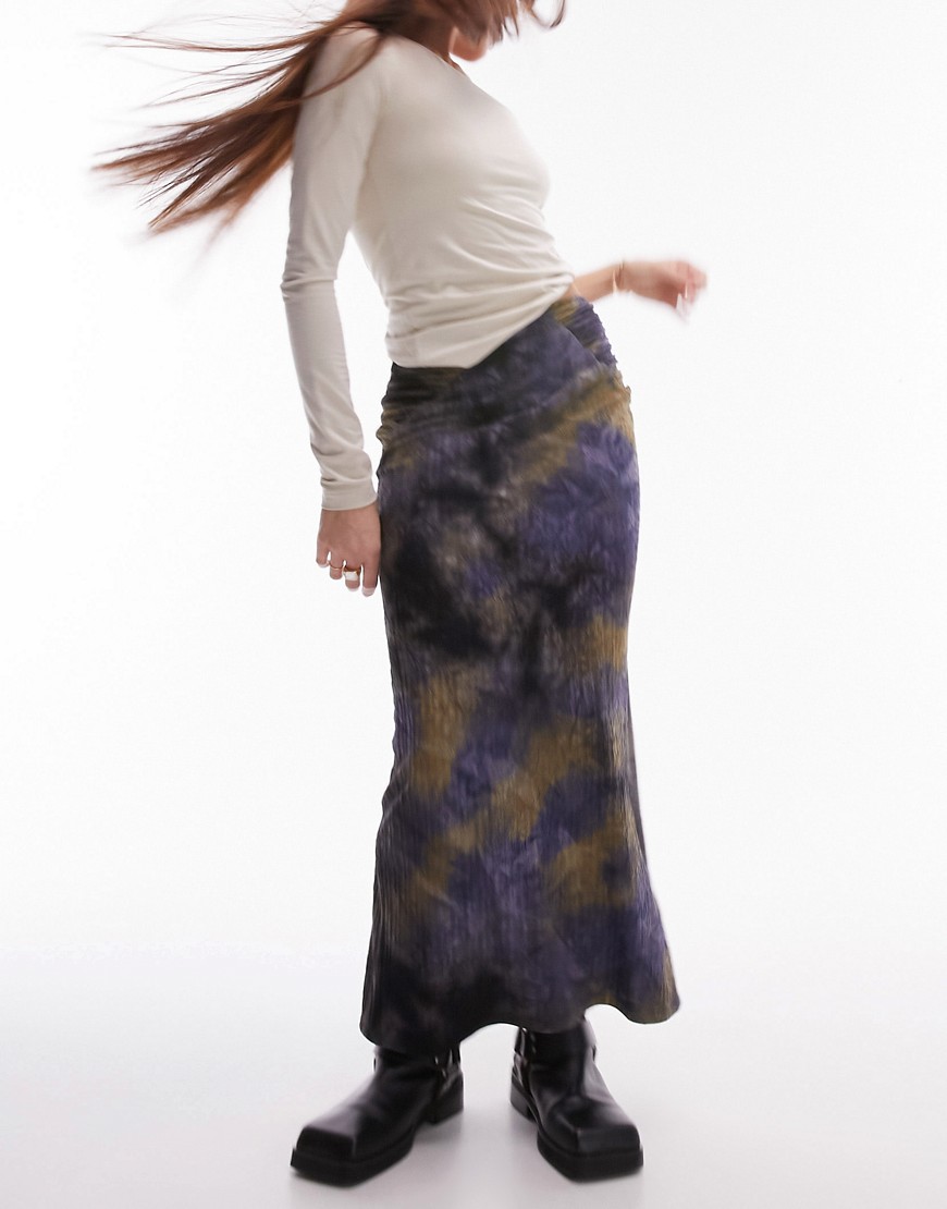 Topshop midi skirt in jersery textured with split front in blurred print-Multi