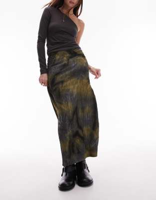 midi skirt in jersey textured with split front in blurred khaki print-Green