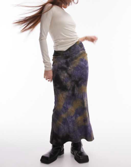 Topshop midi skirt in jersey textured with split front in blurred print
