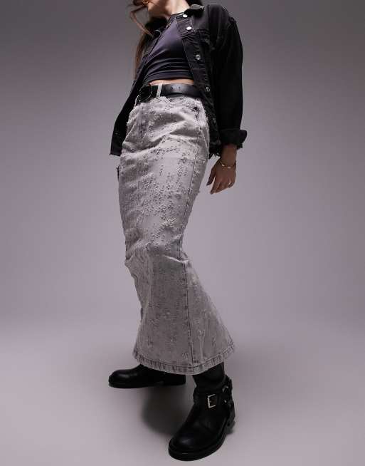 Topshop midi skirt with extreme rips in gray