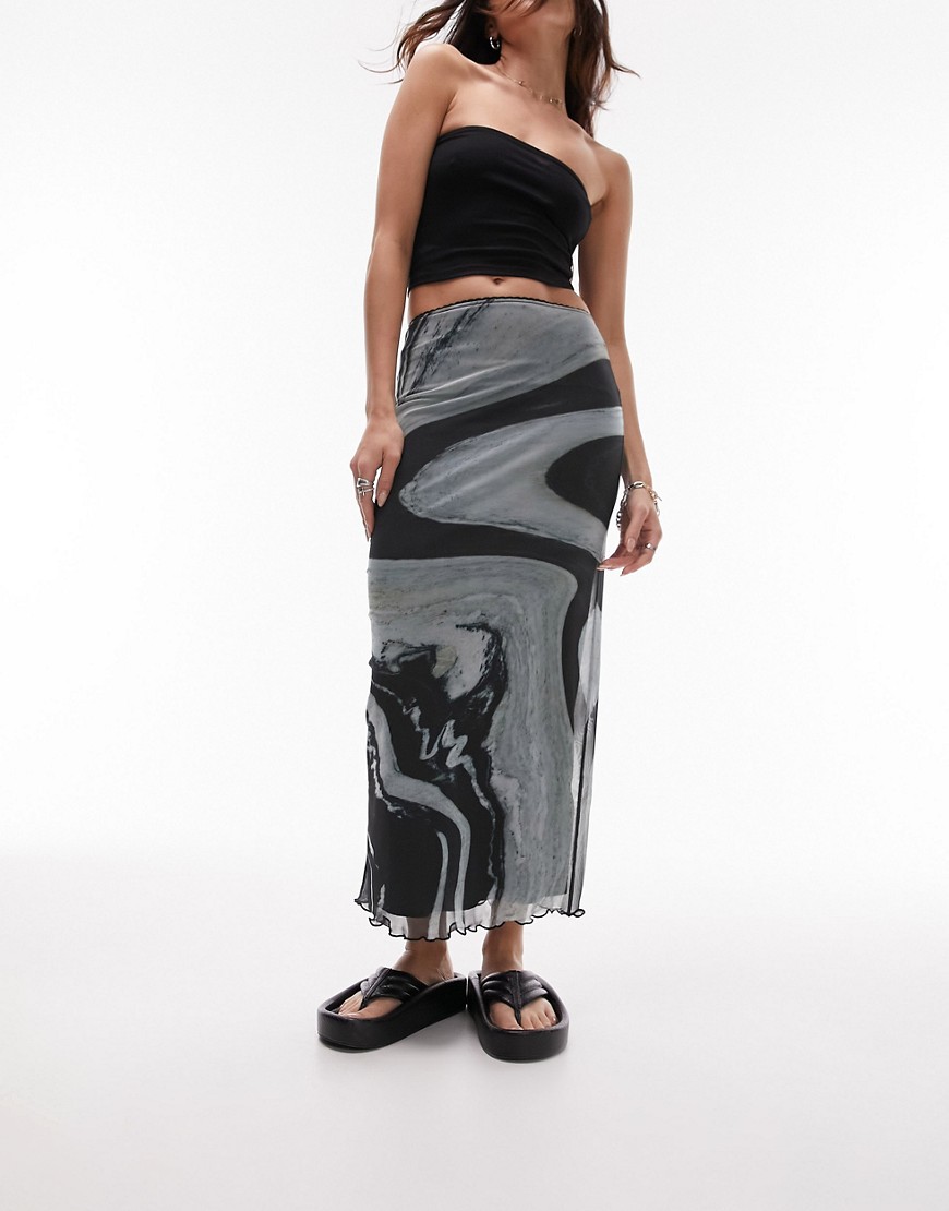 Topshop Midi Skirt With Large Marble Placement Monochrome Print-multi