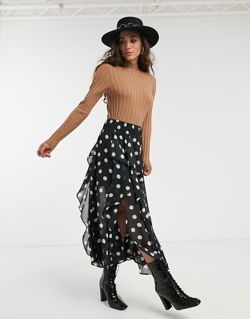 Topshop midi skirt with ruffle detail in spot print
