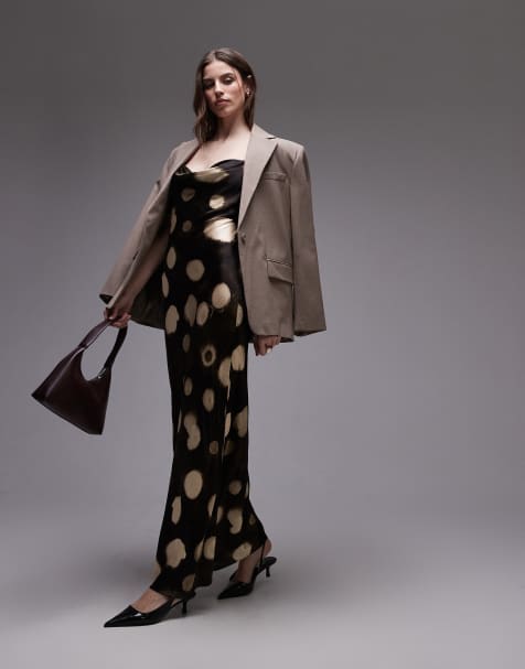 Topshop - Midi-slipdress met gedrapeerde halsijn in bruin met abstracte stippen - view 1