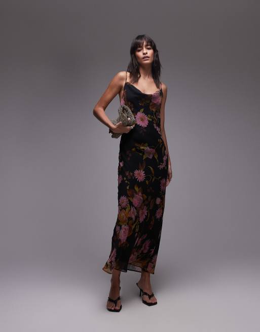 Topshop - Midi slipdress met gedrapeerde halslijn en gedraaide achterkant in roze en limoengroene bloemenprint
