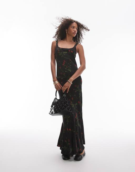 Topshop - Midi-slipdress met uitlopende zoom in donkere bloemenprint