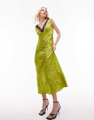 Topshop - Midi-Slipkleid in Chartreuse mit Spitzeneinsatz-Grün