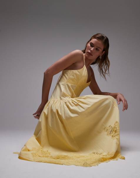 Topshop – Midi-Sommerkleid aus Popeline in Zitronengelb mit Spitzenbesatz mit Durchbrucharbeit - view 1