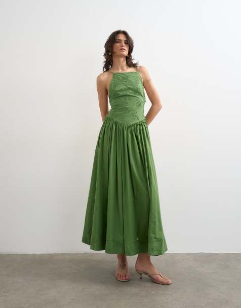 Topshop – Midi-Sommerkleid in Grün mit Kordelverzierung, Riemchenträgern und tiefem V-Ausschnitt am Rücken - view 1