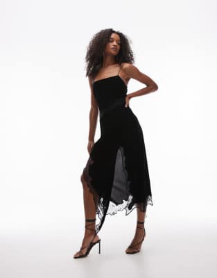 Topshop - Midi-Trägerkleid aus Samt und Spitze in Schwarz